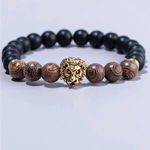 Gold Lion Charm Black Wooden Beaded Bracelet